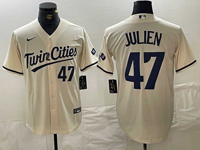 Mens Minnesota Twins #47 Edouard Julien Number Cream Cool Base Stitched Baseball Jersey